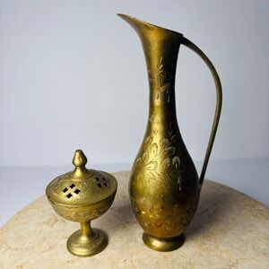 Vtg India Brass Set Floral‎ Etched Bud Vase 7.5" + Brass Cone Incense Burner 3.5
